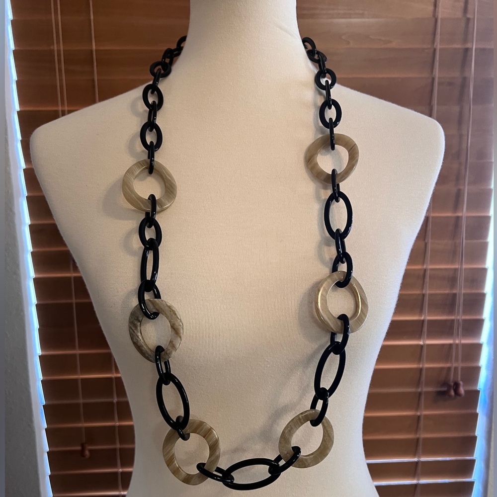 Talbots black and tan colored chain hoops long necklace